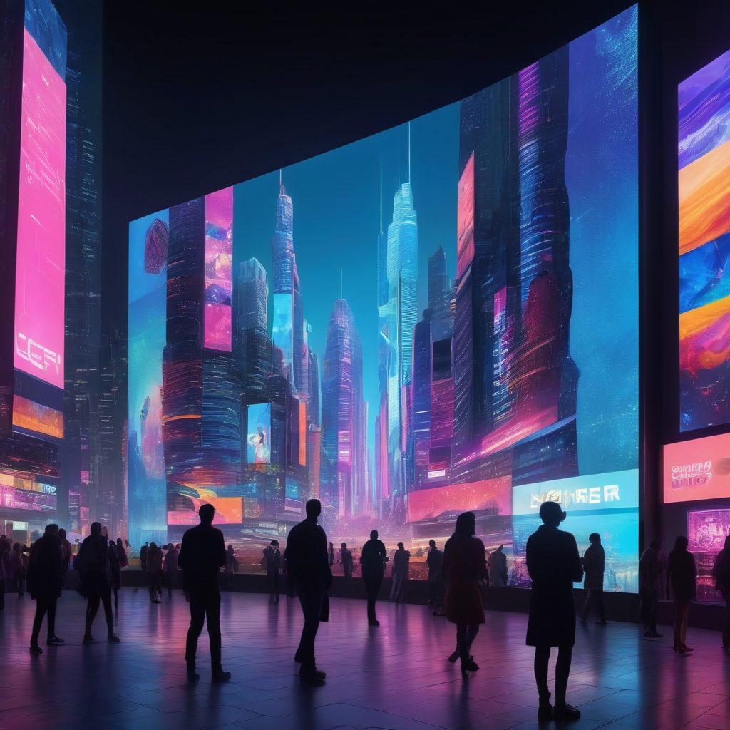 A futuristic landscape showcasing the evolution of media, featuring a giant streaming screen displaying diverse adult content, user-contributed art swirling around like a digital mosaic. Include a blend of technology and artistry with futuristic cityscapes in the background, silhouettes of people interacting with their devices. Vibrant neon colors. super-realistic. 3D.