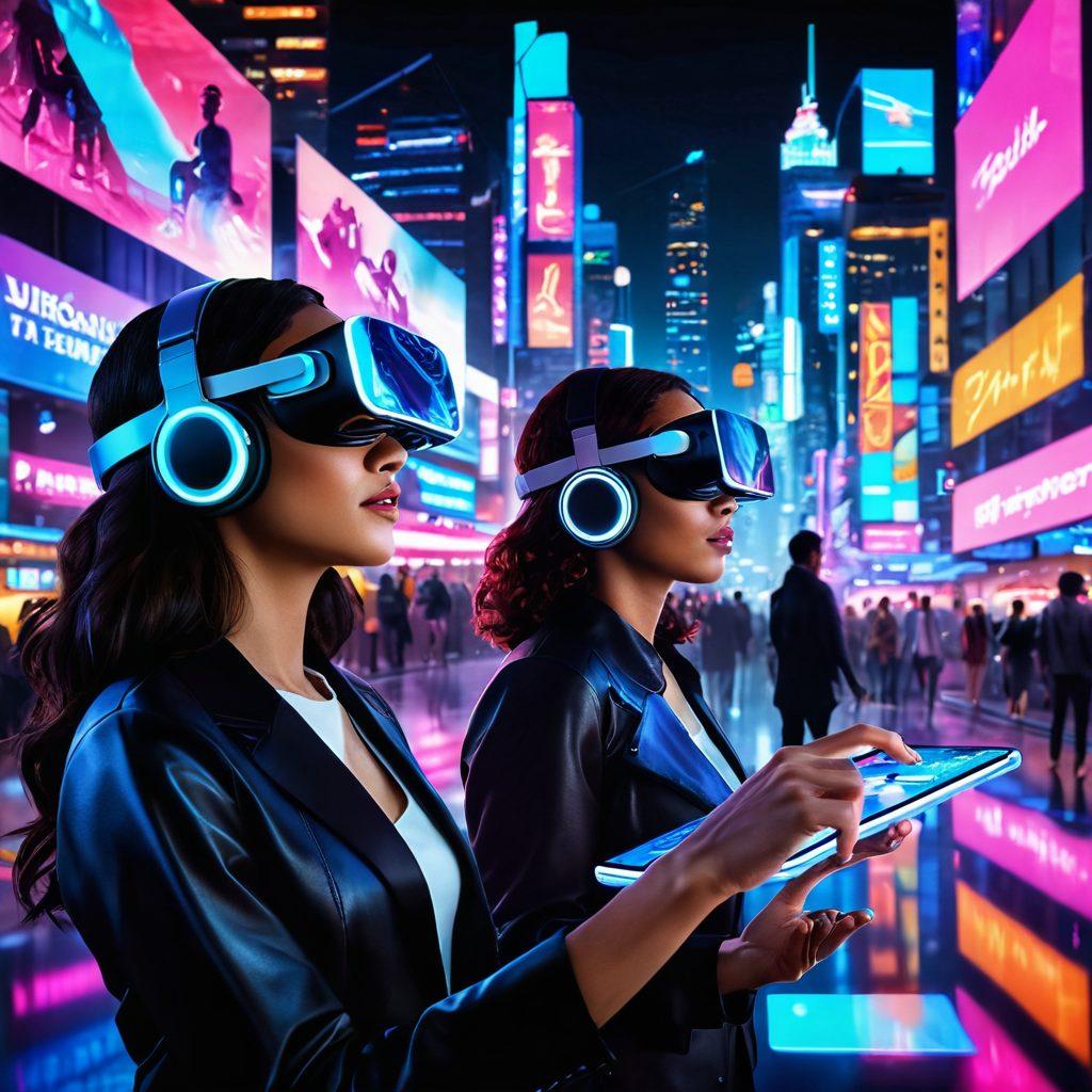 A futuristic landscape featuring a diverse group of people engaging with innovative streaming devices emitting holographic content related to NSFW entertainment. The scene captures vibrant colors and cutting-edge technology, highlighting seamless digital interactions amidst a backdrop of neon city lights. Incorporate elements like virtual reality headsets and immersive screens showcasing different genres of streaming. The atmosphere is both playful and sophisticated, symbolizing the evolution of entertainment. digital art. vibrant colors. futuristic style.